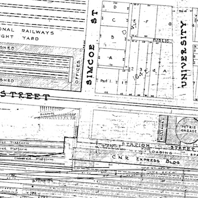 With the building of the railway viaduct in the 1920s, Simcoe Street was cut off at Station Street, north of the tracks. Along with the closing of the John Street bridge, the rail viaduct blocked through roads for almost one kilometre between York Street and Spadina Avenue. 2/3