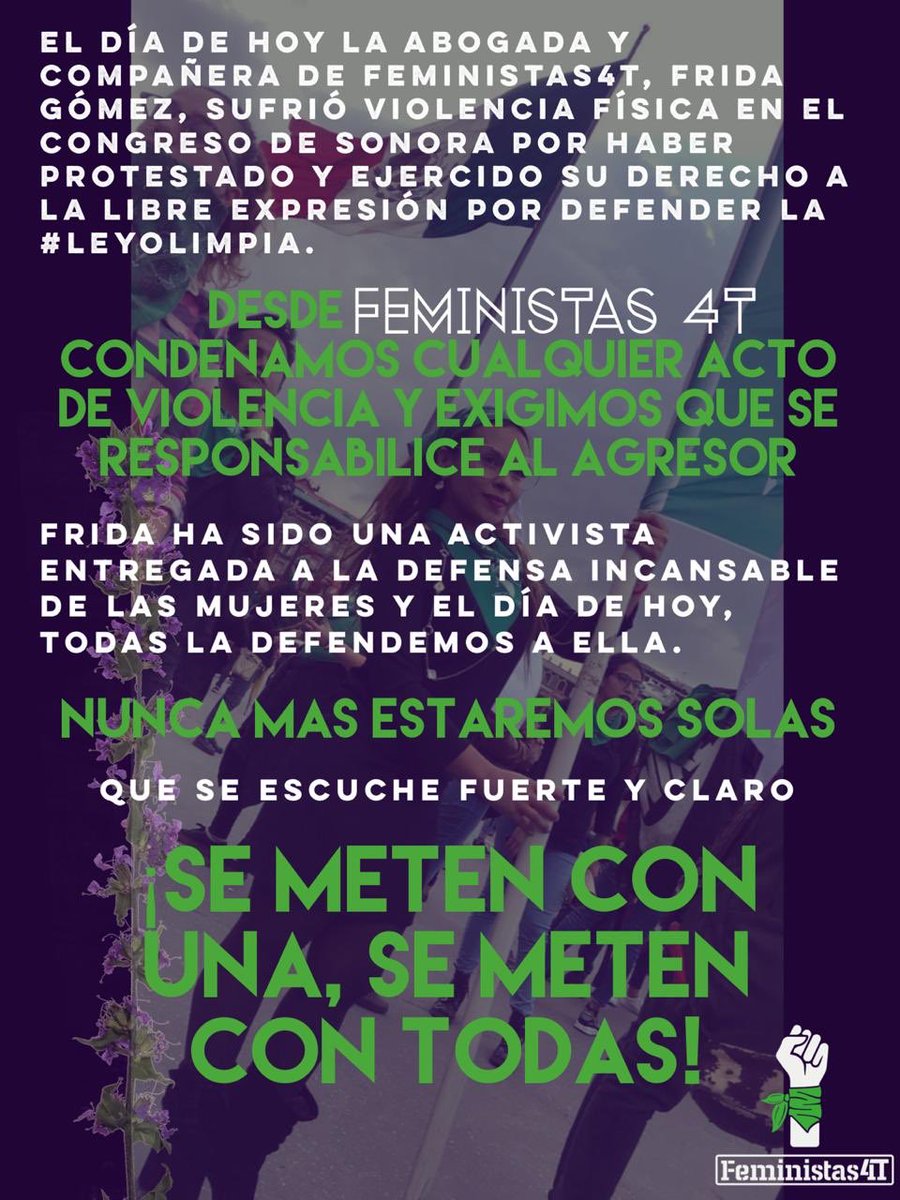 Condenamos la violencia que sufrió hoy nuestra compañera activista <a href="/FridaGomezP/">Frida</a> por ejercer su derecho de libre manifestación al defender el verdadero objetivo de #LeyOlimpia en el Congreso de Sonora.

Exigimos justicia y les decimos claro: se meten con una, #SeMetenConTodas.