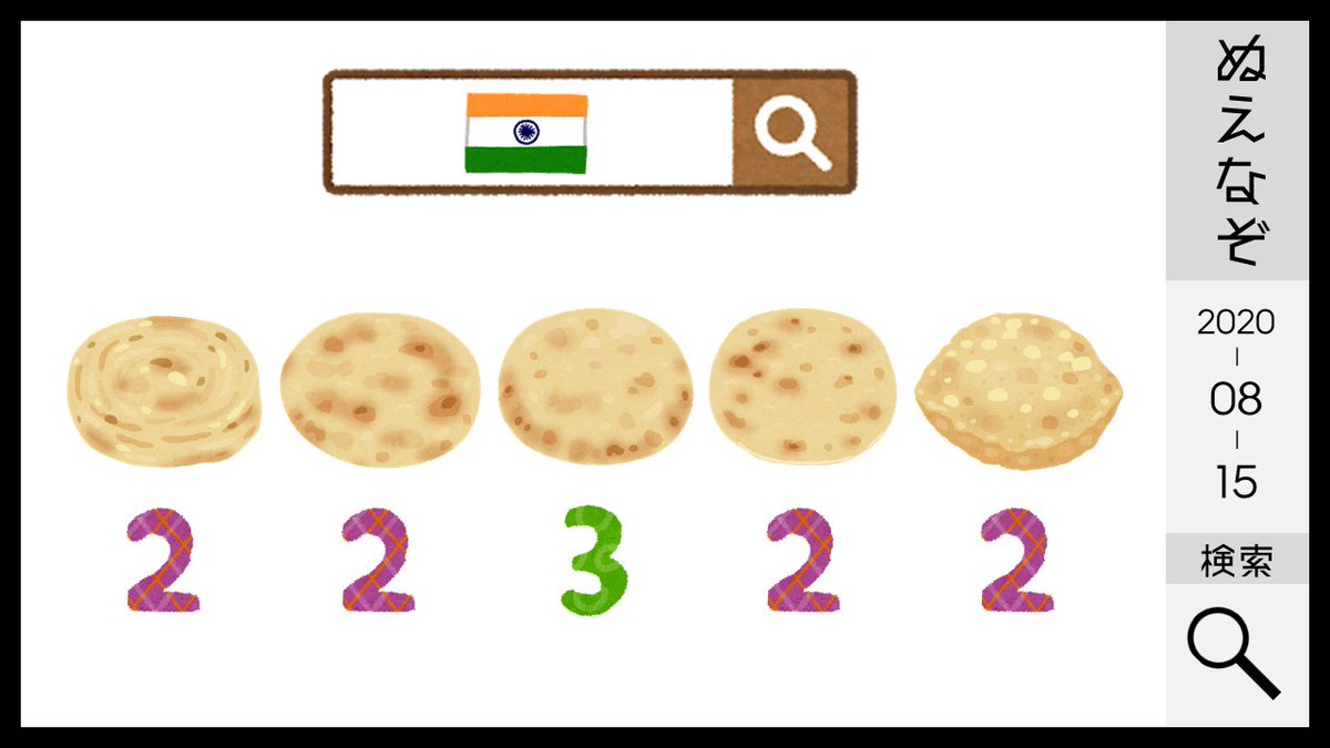 ট ইট র うりよしきば いらすとやで インド と検索するとこれらのパンがそれぞれパラタ ナン クルチャ チャパティ プーリと分かります これらの名前の数字文字目を読むと答えは ランチャー となります