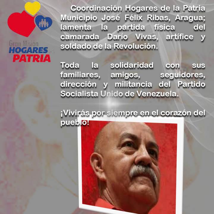 #HastaLaVictoriaSiempreDarío desde la Coordinación Municipal Hogares de la Patria Eulalia Buroz Ribas, Aragua lamentamos la partida física de un insigne revolucionario <a href="/NicolasMaduro/">Nicolás Maduro</a> <a href="/PartidoPSUV/">PSUV</a> <a href="/Mariarosa_vzla/">Maria Rosa Jimenez</a> <a href="/PatriaHogares/">Hogares de la patria</a> <a href="/MarcoTorresPSUV/">Rodolfo Marco Torres</a> <a href="/SumireFerrara/">Sumiré Ferrara</a>