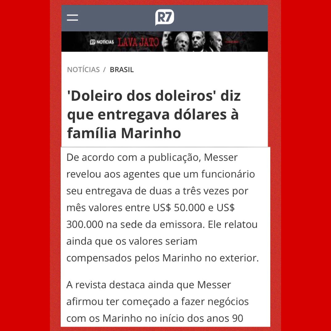 30 anos = 360 meses
3 X por mês = 1080 vezes
1080 x U$ 300 mil
U$ 324.000.000,00
U$ 1,00 = R$ 5,42

R$ 1,75 bilhão...
é o valor que pode ter sido repassado, em dinheiro vivo à família Marinho da Globo, segundo o doleiro Dario Messer.