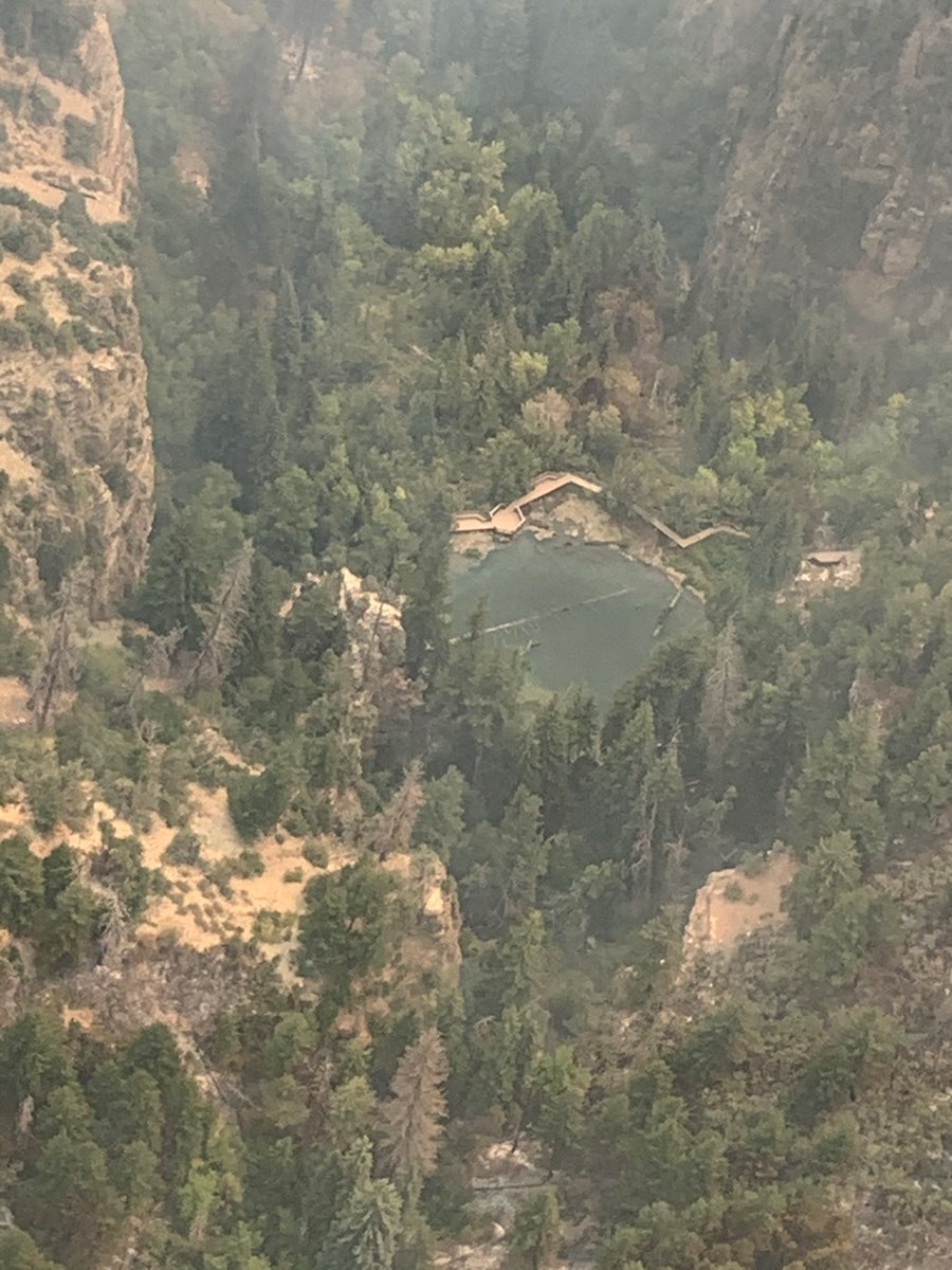 This afternoon we flew over #hanginglake to assess impacts from the #grizzlycreekfireCO. The immediate area around Hanging Lake, the boardwalk and the upper reaches of the trail did not burn. Other areas surrounding the lake burned intensely. Still some active fire in the area.