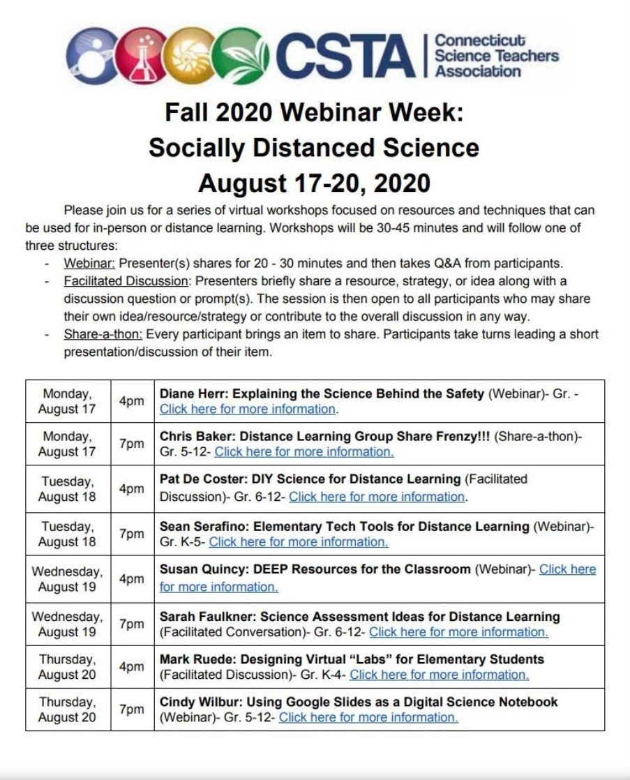 CTScience's tweet photo. Many districts have already announced hybrid or distance learning models to start the year. Need support? Monday starts our Fall Webinar Week. Collaborate, learn and share distance learning plans for the fall. Register: https://t.co/z9nwwbZ20c
#ctscience #ngss #distancelearning https://t.co/6kLvfzeiEh
