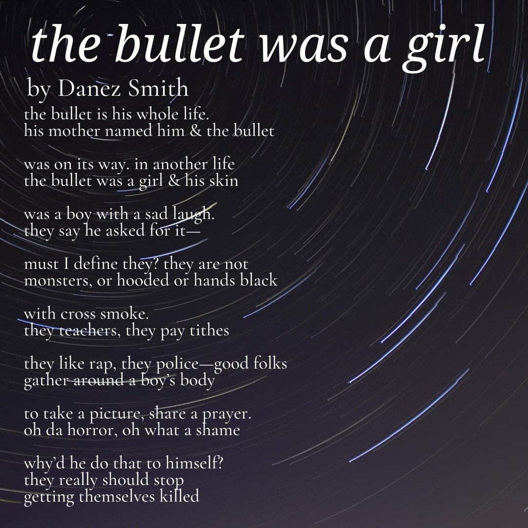 PotomacReview's tweet photo. Welcome to another #PRPoetryFriday
Today we are recognizing the poem “the bullet was a girl” by Danez Smith. It focuses on the way the media portrays violence against Black Americans. In his own words, the “poem is as much a true feeling as it is a complete lie.” https://t.co/pWOxCcAAjP