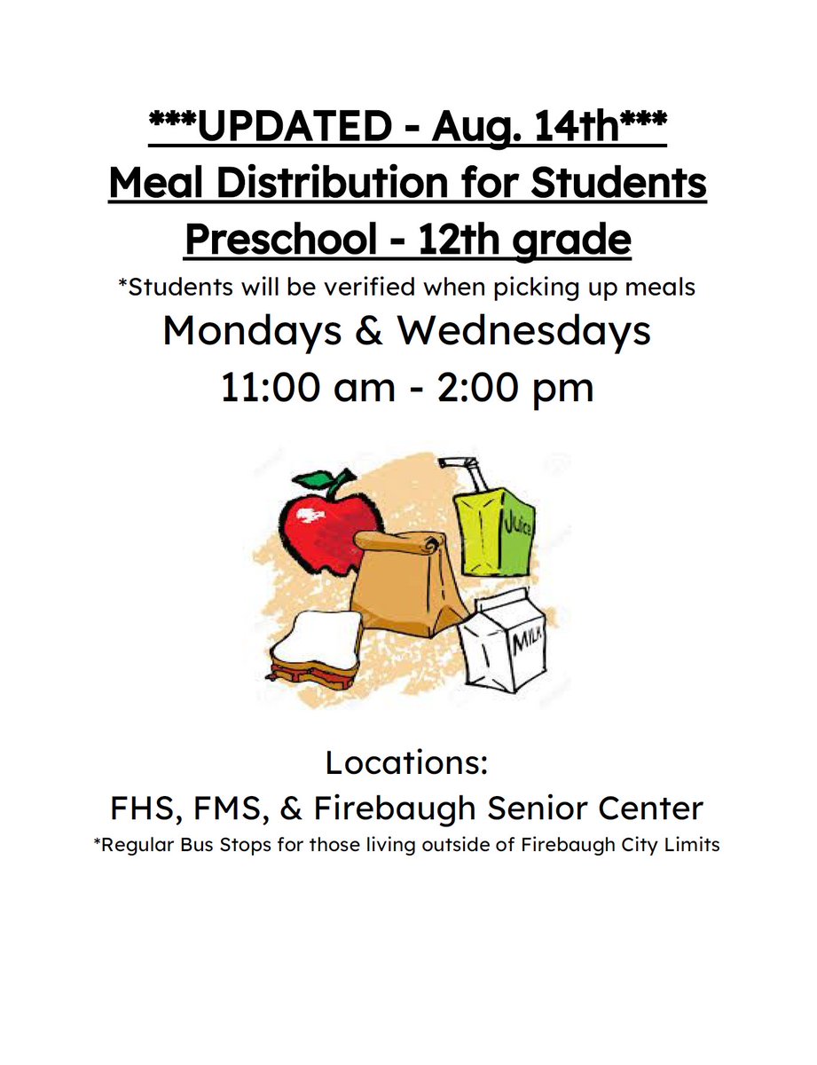 millsinter's tweet image. Happy Friday Mills Hawks - next week meals will be given out on Monday and Wednesday.  All students enrolled in Firebaugh-Las Deltas Unified schools may pick up meals on these days.  Have a great weekend! #fldusd #supfreitas #millsinter