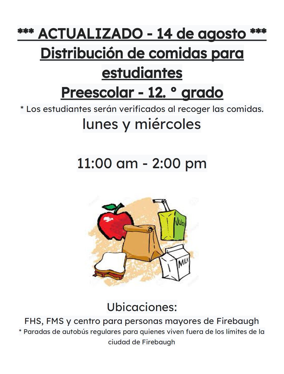 millsinter's tweet image. Happy Friday Mills Hawks - next week meals will be given out on Monday and Wednesday.  All students enrolled in Firebaugh-Las Deltas Unified schools may pick up meals on these days.  Have a great weekend! #fldusd #supfreitas #millsinter