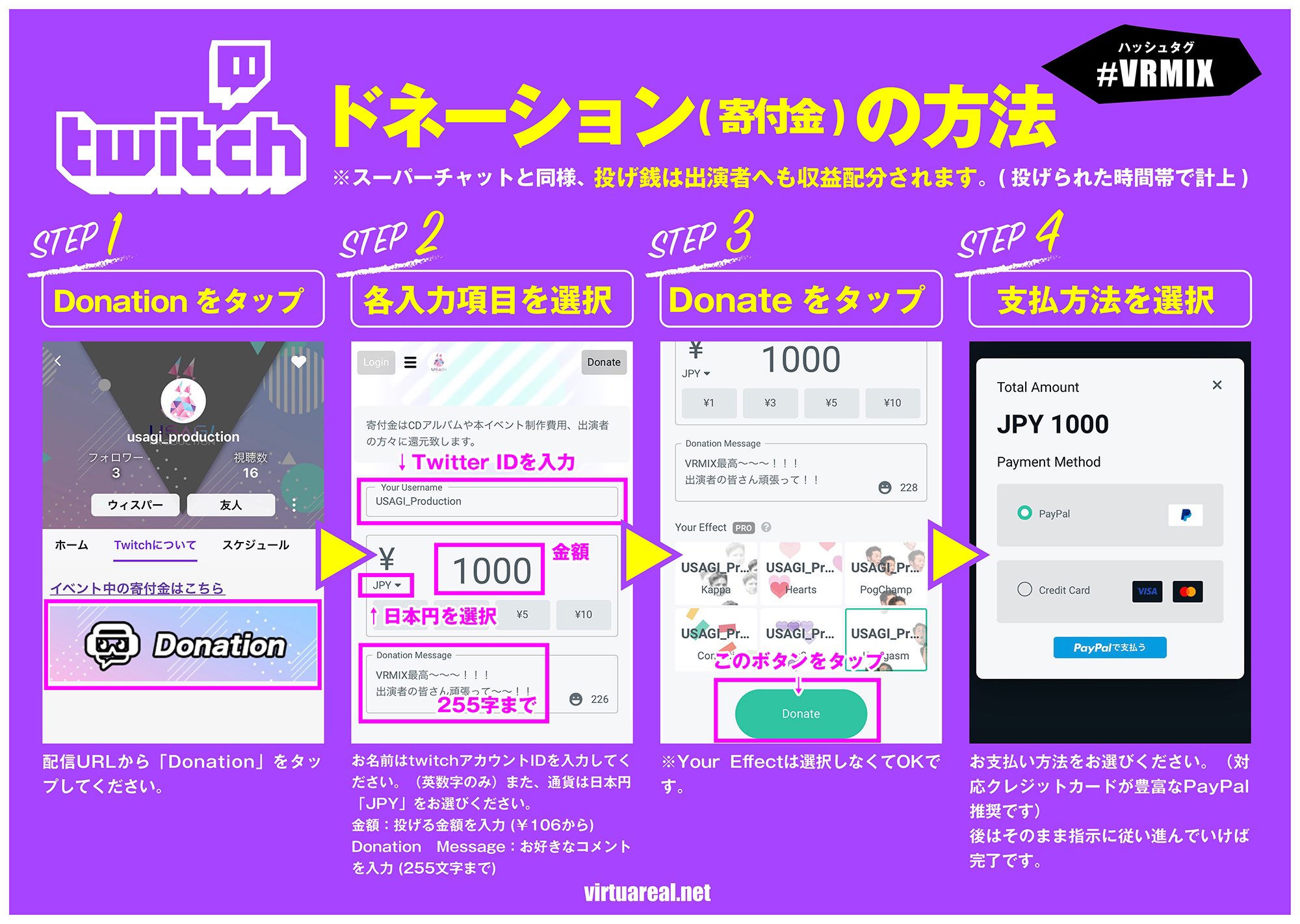 Usagi Production 本日開幕 14 00 開場 15 00 開演 Vr02 リリース記念dj Amp Liveイベント Twitch 無料配信 タイムテーブル 投げ銭 ドネーション 方法 Twitchアカウント作成 投げ銭は 出演時間帯の計上 となるため直接出演者にも入ります