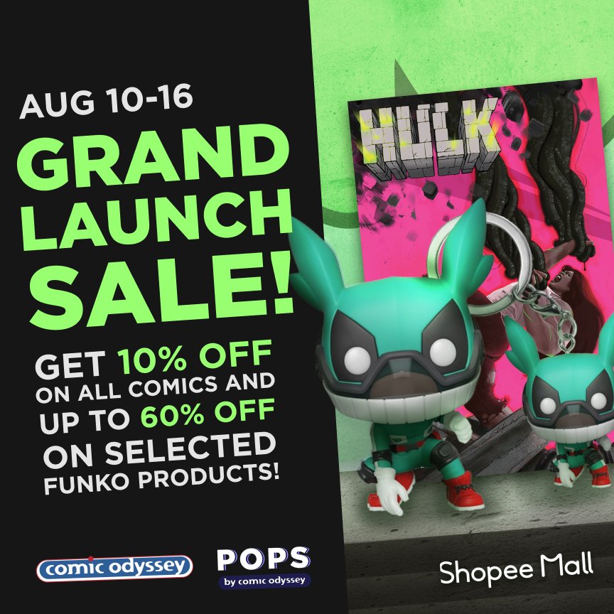 Celebrate our Grand Launch on <a href="/ShopeePH/">Shopee Philippines</a> until August 16, with 10% off on ALL comics, and up to 60% off on selected Funko products. Check it out at shopee.ph/comicodyssey  #ComicOdyssey #PopsPH #cograndlaunch