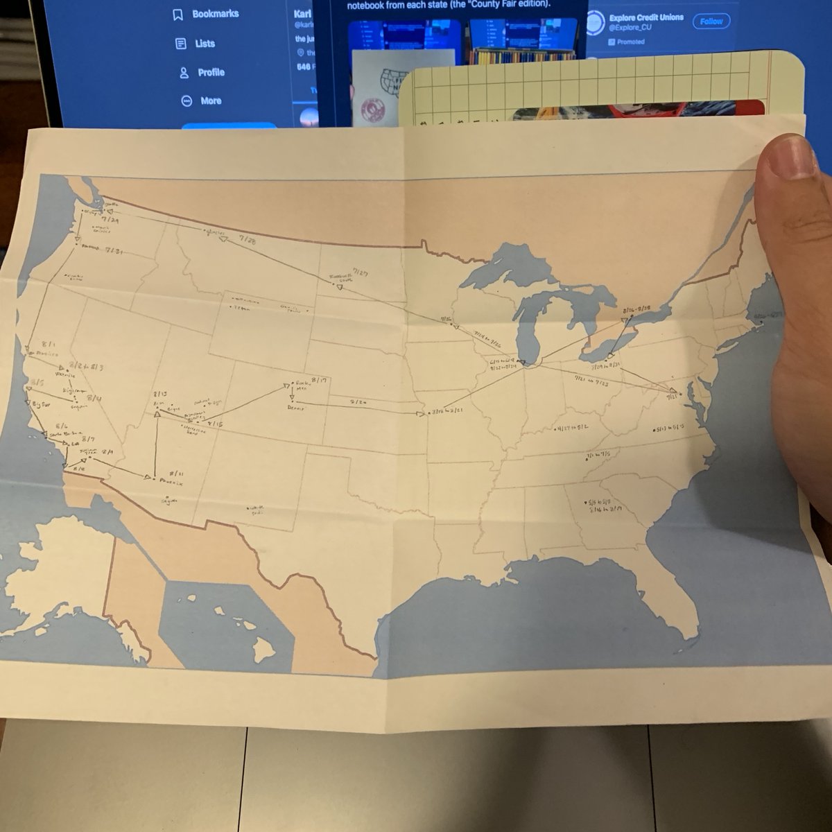 So I spent all summer planning a trip with some of the dates I had commitments / plans as anchor points, and filling in as many MLB parks and National Parks as I could along the way. This is the first draft on a basic blank map I printed from Google.