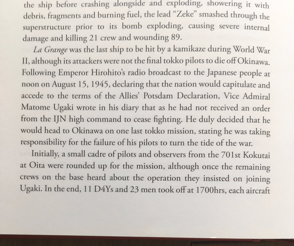 That evening, more Suisei appeared off Okinawa bent on final missions. On board one of the dive bombers was Admiral Matome Ugaki, one of the architects of the kamikaze campaign. Again, the mission, like the campaign itself, was in vain. More excerpts from Desperate Sunset 4/x