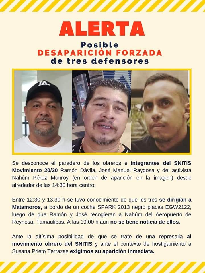 La_Tinisima's tweet photo. Exigímos aparición inmediata de los compañeros integrantes del SNITIS 20/30 Ramón Dávila, José Manuel Raygosa y del activista Nahúm Pérez Monroy.
@fgcabezadevaca Exigímos pronunciamiento y seguridad para los compañeros.
#QueAparezcanYa https://t.co/e7ACGculcR