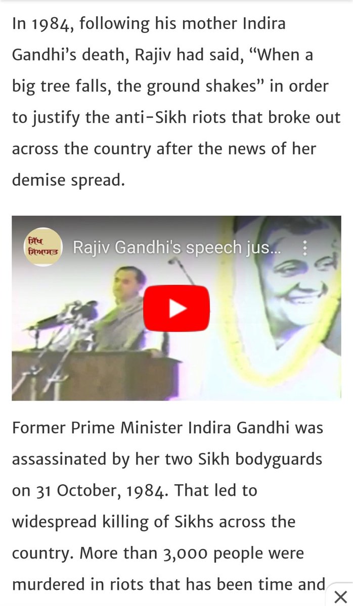 1984 Anti-Sikh RiotsA bigger blot on Congress, where riot accused were rewarded with Loksabha tickets, Cabinet ranks and recently one of them was made a CM.Rajiv Gandhi made a foolish statement saying "when a big tree falls, the ground shakes"Ur mom digged her own grave