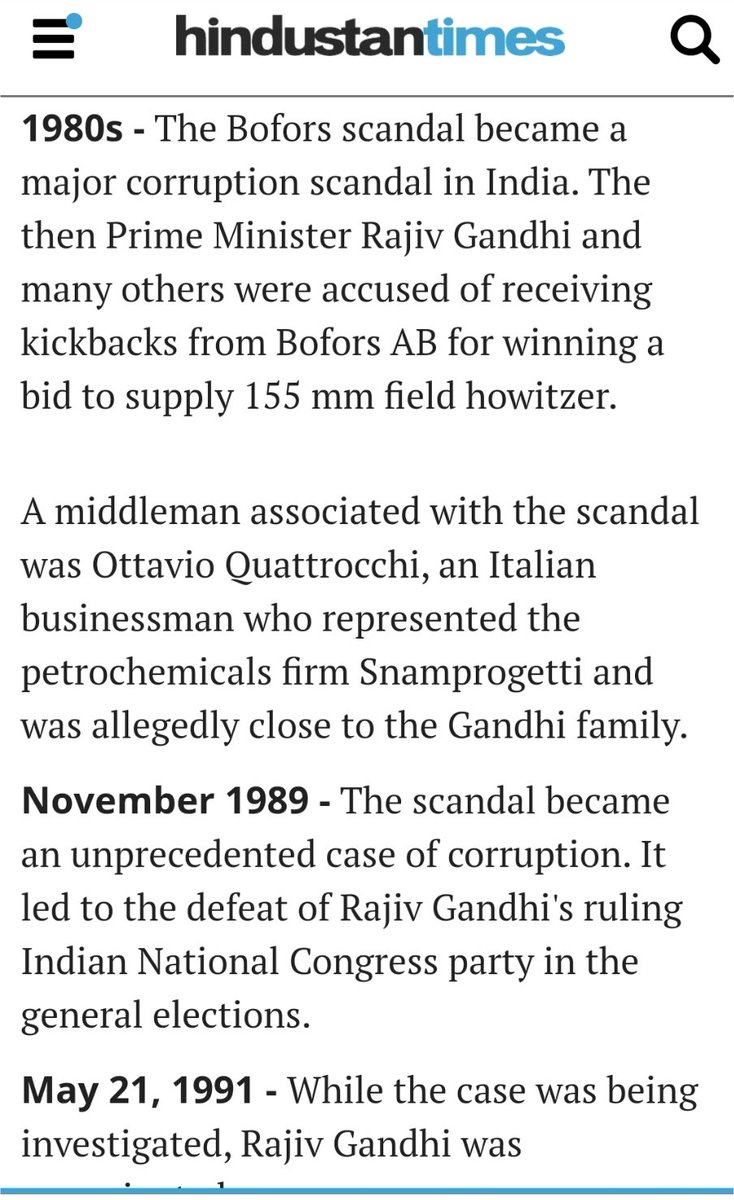 1987 Bofors ScandalThis scandal exposed Rajiv & eventually led to his electoral loss of 1989. This campaign was alarm bell for Indians to identify Congress as epitome of corruptionMany such defense scandal also took place in UPA 1 & UPA2 era, led to weakening of defense Infra