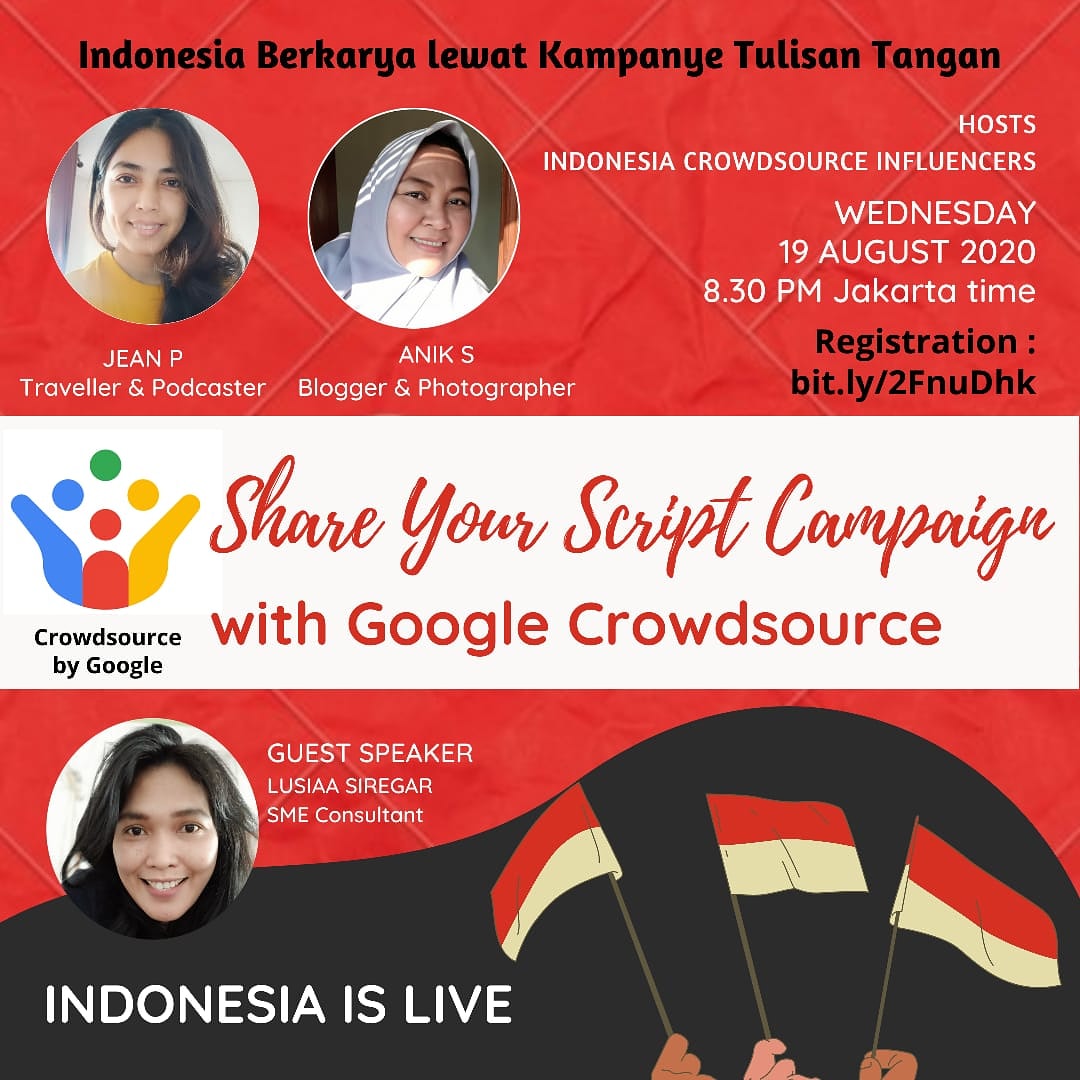 Setyasuryana's tweet photo. Event Crowdsource by Google
'Share Your Script' Campaign
Please join with us
Acara Crowdsource by Google
Kampanye 'Share Your Script'
Silahkan bergabung dengan kami
#googlecrowdsource
#crowdsourceindonesia
#crowdsourcebygoogle
@lusiaasiregar
@travelbyjp https://t.co/812nnX2pMs