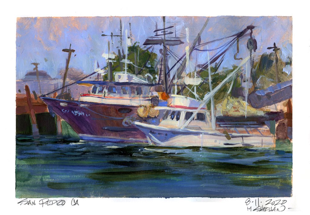 MSheehanStudio's tweet photo. Sketchbook painting from San Pedro. The Port of Los Angeles is one of my favorite places to paint and sketch. It’s an endlessly fascinating area. 
This is in a large Moleskine sketchbook. 
#sanpedro #portoflosangeles #pleinair #fullcoll #fullertoncollege #sketchbook #fishingboats https://t.co/WYTGL3lirp