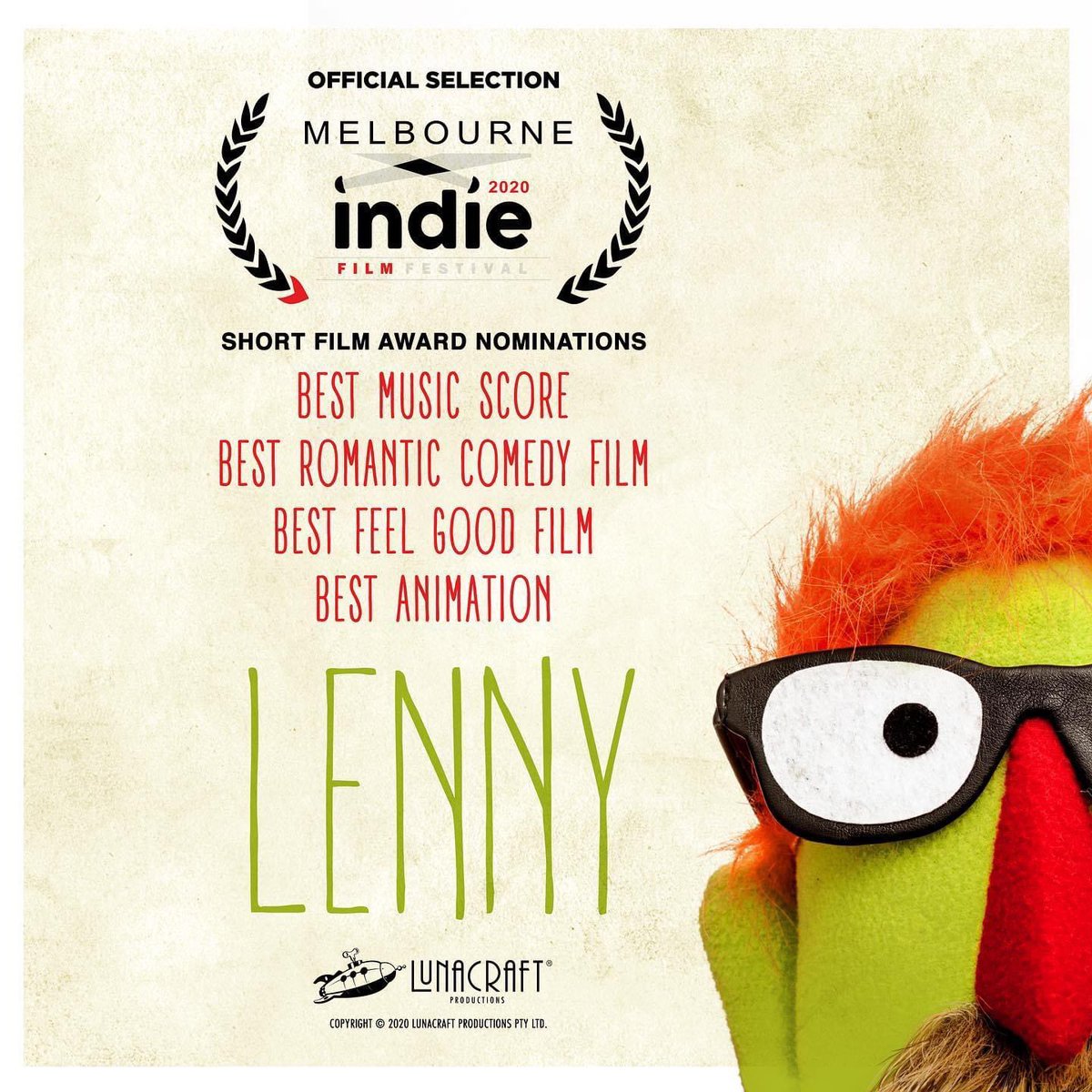 LunacraftP's tweet photo. Amazing news announced this week!
Our short #film LENNY has been nominated for 4 AWARDS at @melbourneindie Our gratitude to the team behind the #festival and CONGRATULATIONS to our team behind LENNY

#shortfilm #filmfestival #movie #puppet #comedy #supportartists #music #feelgood https://t.co/wmsNi33oV0
