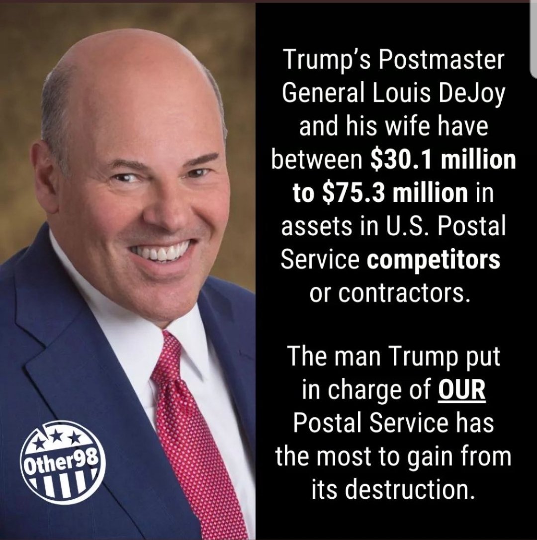 CJ123420's tweet photo. DeJoy is sabotaging our election for DT and his personal gain (UPS ownership). There's evidence everywhere.
#TrumpForPrison2020
#ConsequencesForTrump #CorruptGOP #WillNotWaitToVote #SaveTheUSPS #BidenHarris2020 https://t.co/AJHGVqGUoL
