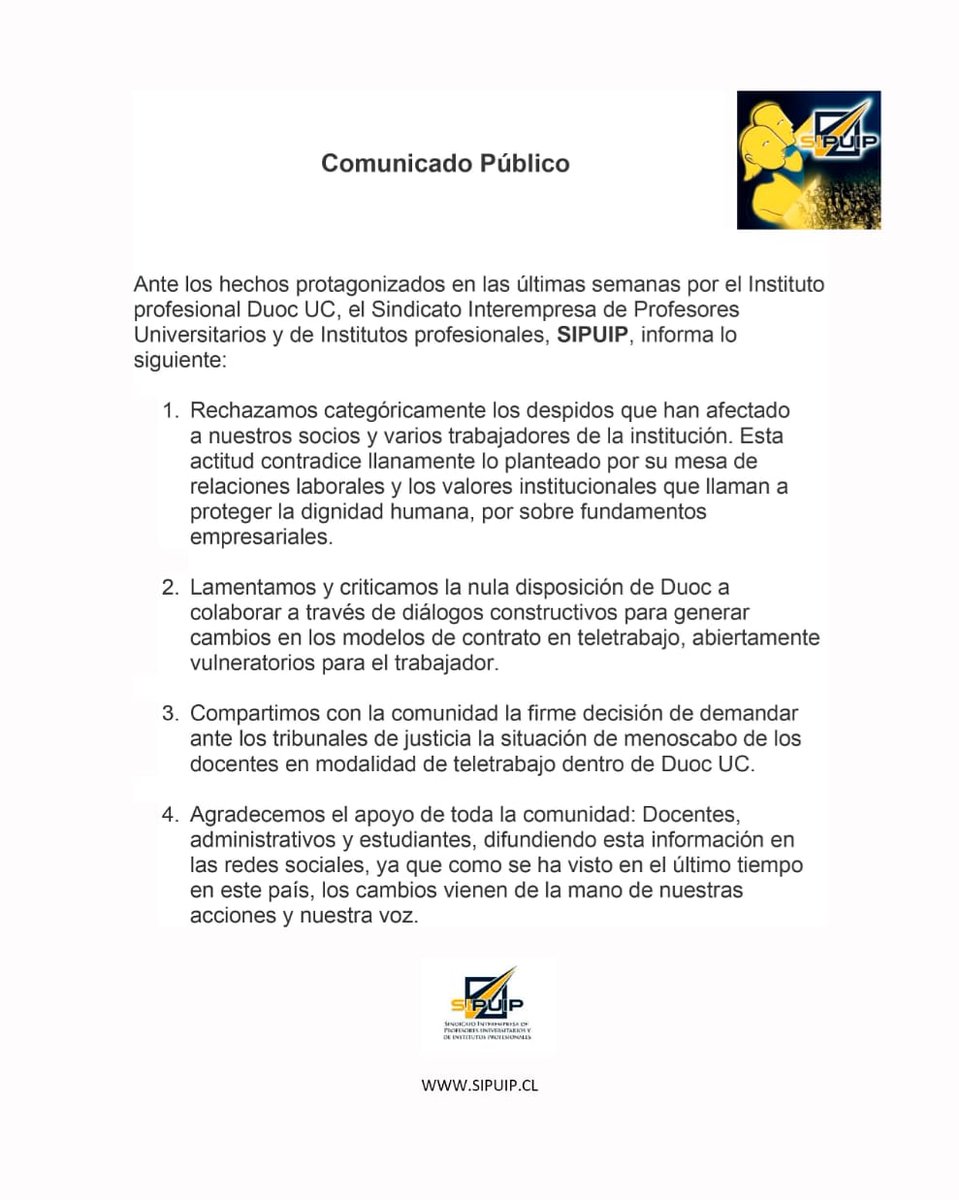 sipuip's tweet photo. Comunicado oficial por injusticias y abusos laborales en #duocuc @DuocUC_SC @DuocUC #justicia #justiciaparadocentes #Docentes https://t.co/G7ojRdFuyr