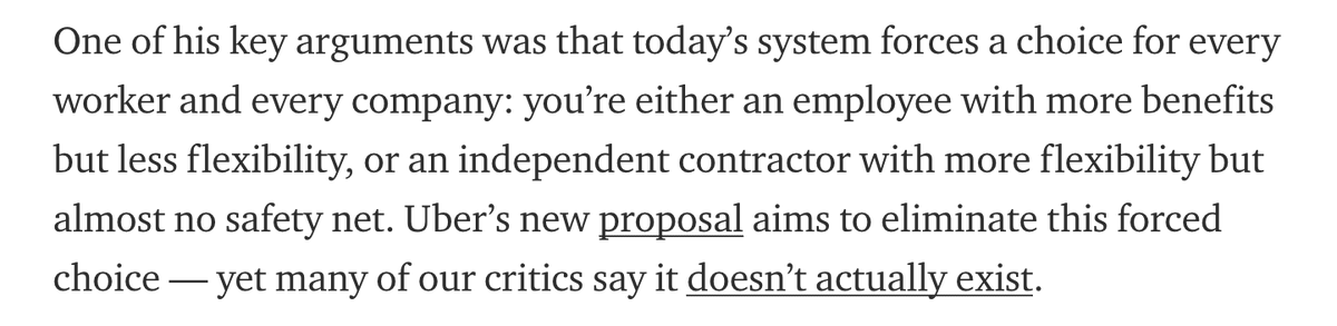 The "forced system" doesn’t exist, but let's say it did—what is Uber offering to substantially change such a system? How does non-discrimination, a health fund, & $1350 measure up to min wage, overtime, workers comp, social security, PTO, unemployment, organizing rights, etc. 2/9