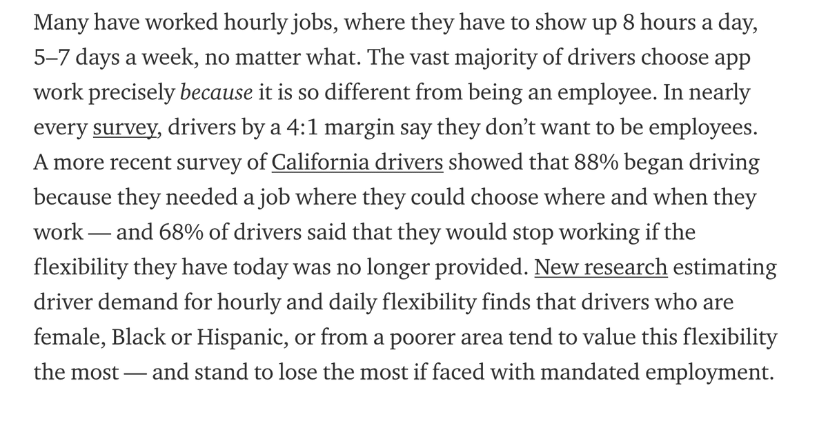  @veenadubal has done an exhaustive review of surveys where drivers expressed a desire to be flexible and remain contractors and found that drivers "uniformly desire" employee benefits but felt anxious about treatment as employees GIVEN UBER/LYFT'S OWN WORKING CONDITIONS 7/9