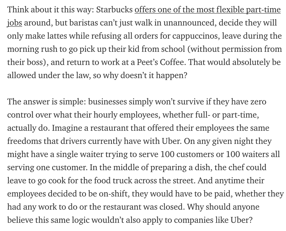 Uber’s degree of control is UNUSUAL. Drivers are managed by algorithmic overseers. They’re often fired for arbitrary reasons without appeal. And this later argument against paying drivers for their time is absurd—overhiring and low pay forces drivers to constantly be online. 4/9
