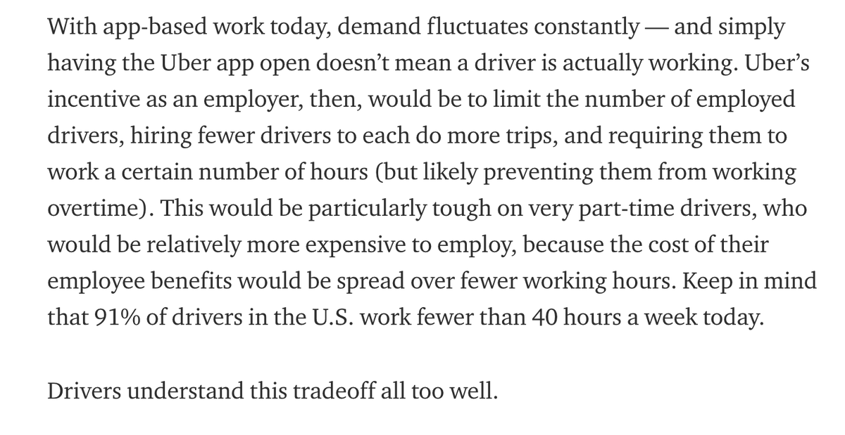 This point merits the same points as the previous tweet and there’s another important omission. Uber has an incredibly high attrition rate—most drivers are not still driving after six months, let alone a year. In 2017, only 4 PERCENT of drivers stayed on after one year. 6/9