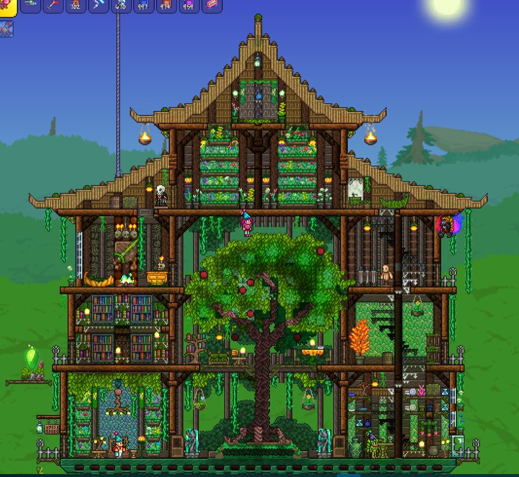 another item of pride: the dryad's house! this world is the first time I've ever tried to make trees, and it worked surprisingly well! (also the dryad's got some uh... some ***thangs*** goin on)