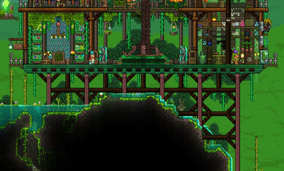 another item of pride: the dryad's house! this world is the first time I've ever tried to make trees, and it worked surprisingly well! (also the dryad's got some uh... some ***thangs*** goin on)