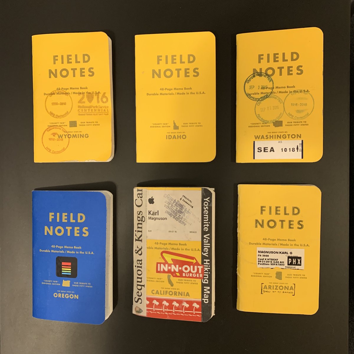 From CA to AZ (remember this was all from that one set of FN! A lot of ground to cover!) I typically take a picture of each CF  @FieldNotesBrand notebook in the state - here's AZ for an example.  https://www.instagram.com/p/BL467h9DWwz/ 