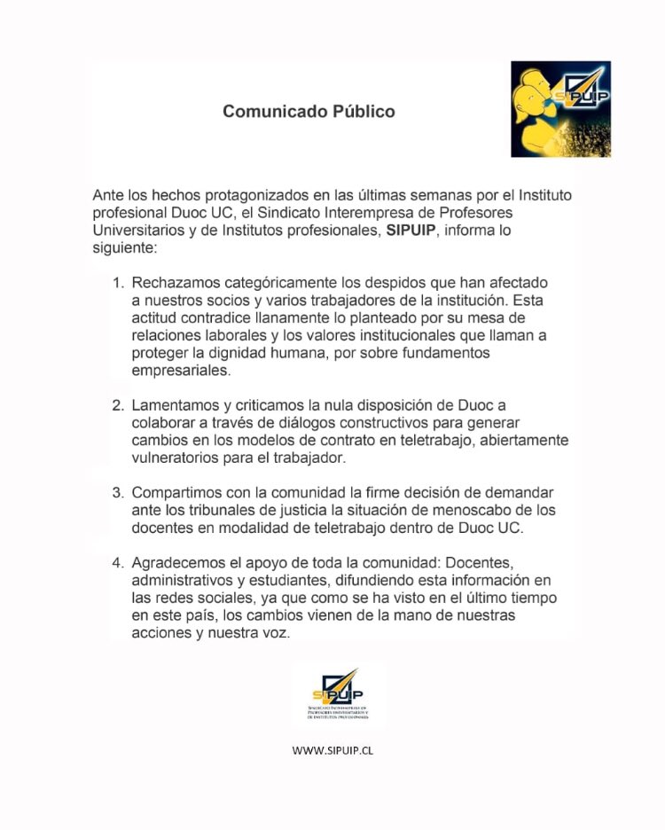 EnlaceDiario's tweet photo. Sindicato @sipuip denuncia nuevos despidos de profesores en @DuocUC. Critican nula disposición de autoridades del Instituto Profesional para dialogar con profesores. https://t.co/BajKOsqFg2