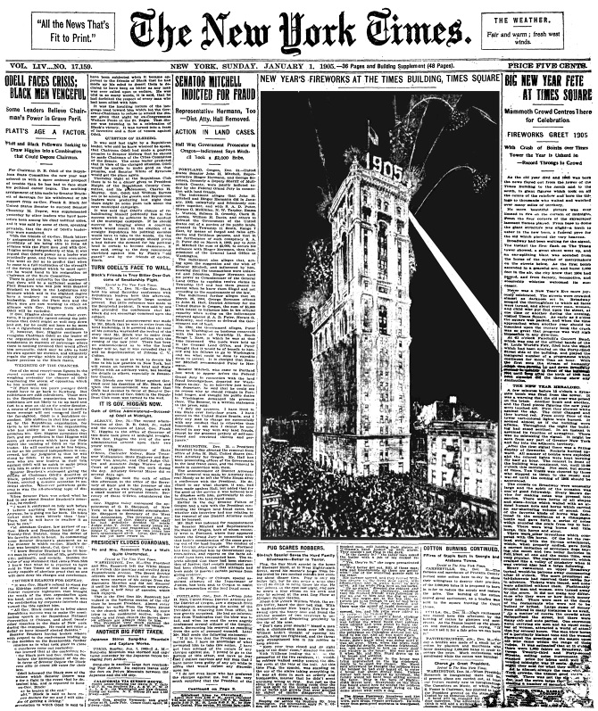 43/65The building was demolished and a new one, a skyscraper named Times Building took its place. The construction wasn't yet complete when the NYT decided to move in anyway on the first day of 1905. The New Year's Eve was celebrated with rooftop fireworks.