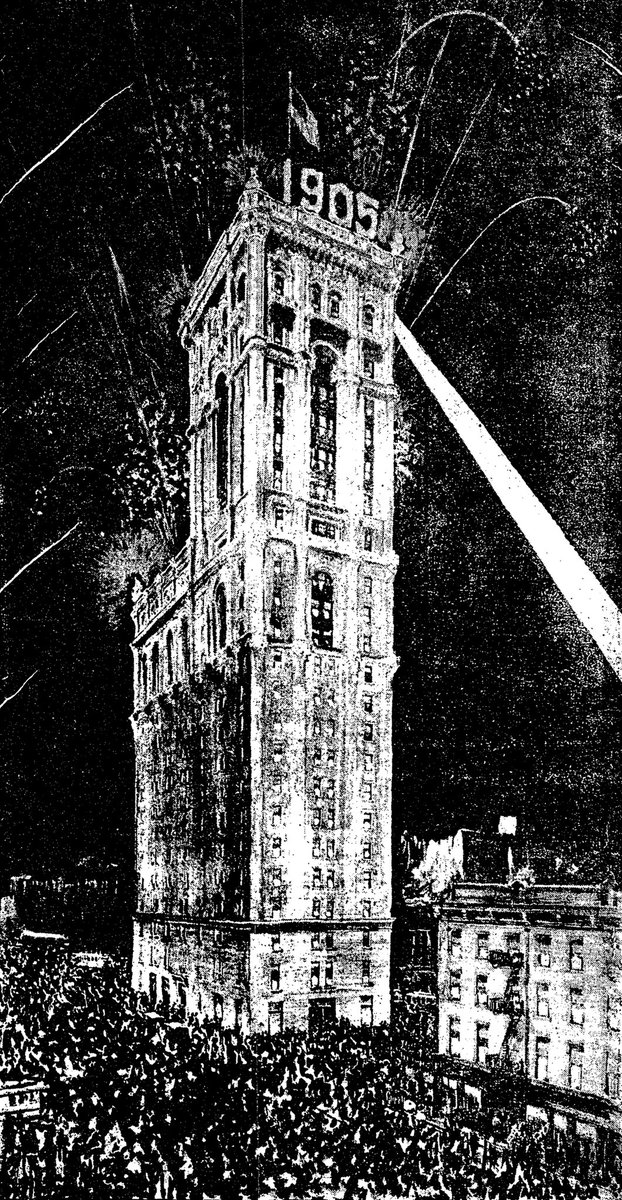 44/65This celebration was to promote the paper's new office building and proved a spectacular success. About 20k gathered in Longacre Square to witness the event. The very next morning, Ochs and his employees officially moved into the new 25-floor building.