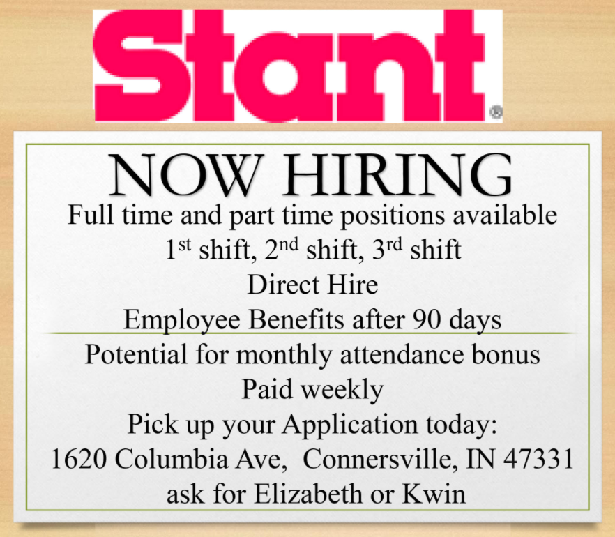 Fayette_Chamber's tweet image. Stant Corp is hiring.  Immediate job openings.  Pick up application at their headquarters, 1620 Columbia Ave, Connersville.