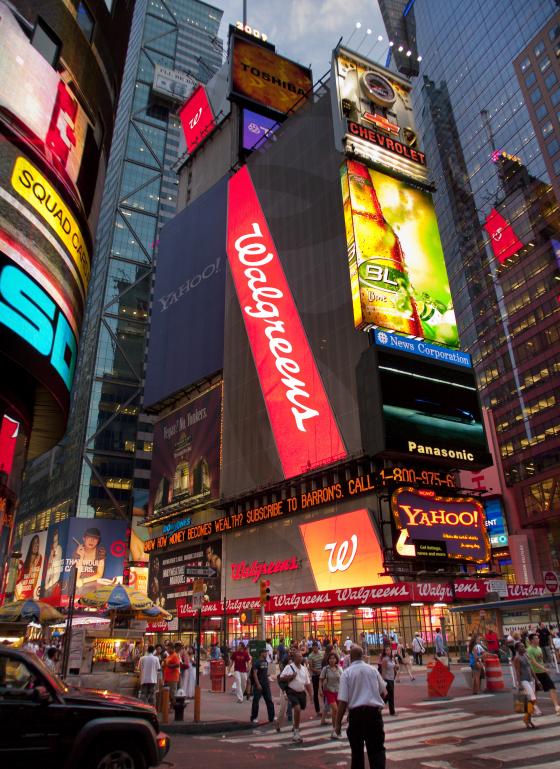 56/65Soon, giant billboards were being mounted on One Times Square transforming the whole square into an enormous advertising wonderland. With time, static billboards gave way to dazzling video signs with players like Walgreens, Sony, and NASDAQ hopping in.