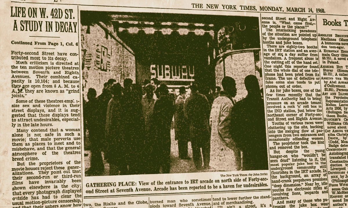 58/65Behind the ritzy façade though, the area was a hotbed of crime until as recently as the 2000s. At one point it was described as the "worst block in NYC." There was porn in cinema and hustling in the street. Even the NYPD preferred starting away. https://www.nytimes.com/1960/03/14/archives/life-on-w-42d-st-a-study-in-decay-life-on-w-42d-st-a-study-in-decay.html