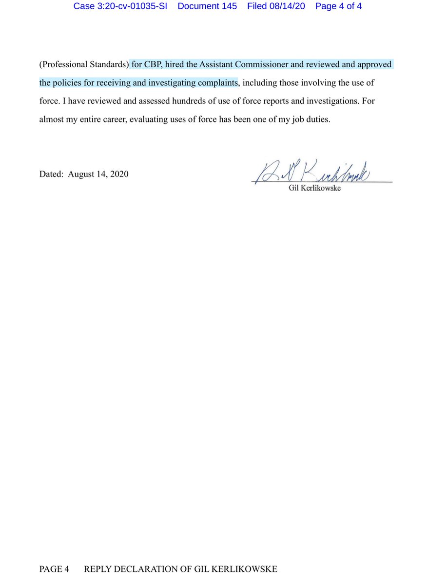 Sup Dec of Gil Kerlikowskewhy I’m a disgusted by  @DHSgov response“I introduced less-lethal weapons..” CBP... “went to the talk with the instructors... substantial training as a commander.. crowd control and use of force.. 11 weeks of training at the FBI” https://ecf.ord.uscourts.gov/doc1/15107645186?caseid=153126