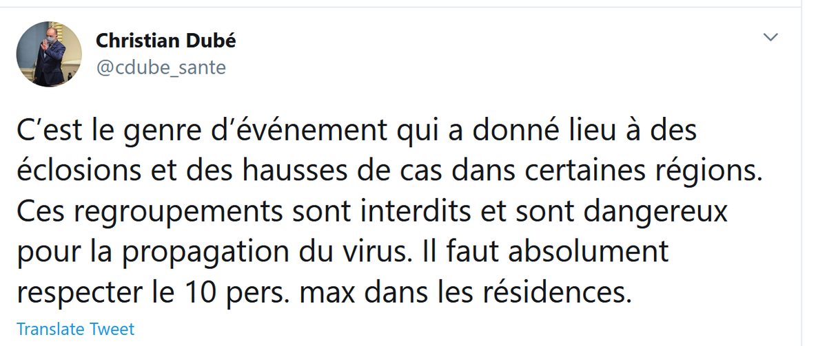 9) And on Thursday, Health Minister Christian Dubé denounced as “dangerous” a Laval house party on Saturday that attracted 30 people, resulting in at least five confirmed cases of  #COVID19. Authorities are now scrambling to retrace contacts to limit the contagion.