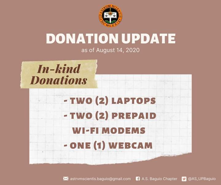 AS_UPBaguio's tweet photo. DONATION UPDATE:
As of today, we have already raised a total of 31,050 Pesos.

For the in-kind donations, we have received 2 laptops, 2  Prepaid Wi-Fi modems, and 1 webcam. 

Thank you so much to the individuals and organizations for donating! https://t.co/AH4pUEtqEQ