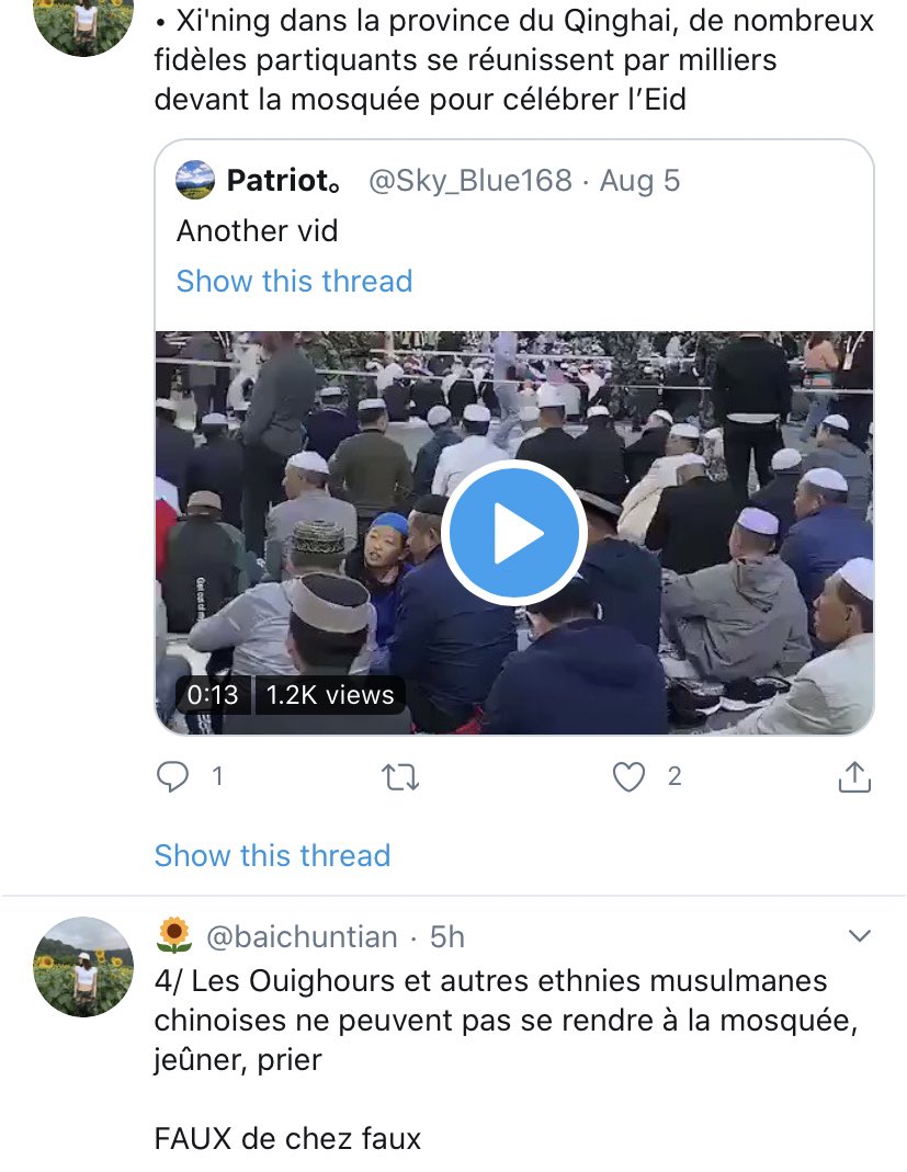 18. Les musulmans du Xinjiang peuvent prier librementFaux. Les bots chinois utilisent toujours des photos datant de plusieurs années ou de musulmans d’autres provinces, ici le Qinghai, des Hui. Toujours incapables de montrer des ouïgours.. parce qu’ils ne peuvent pas.