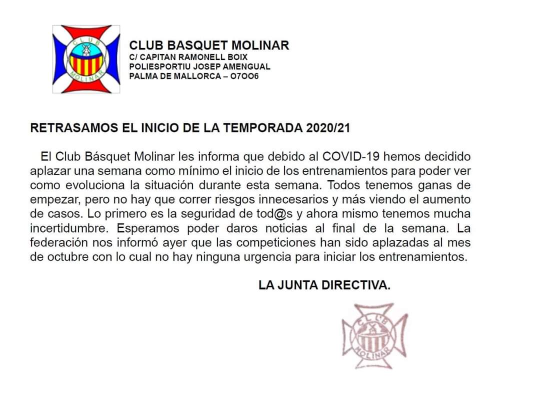 CBMolinar's tweet photo. COMUNICADO OFICIAL. 
El club aplaza como mínimo una semana el inicio de los entrenos. https://t.co/1HKHMYLtcz