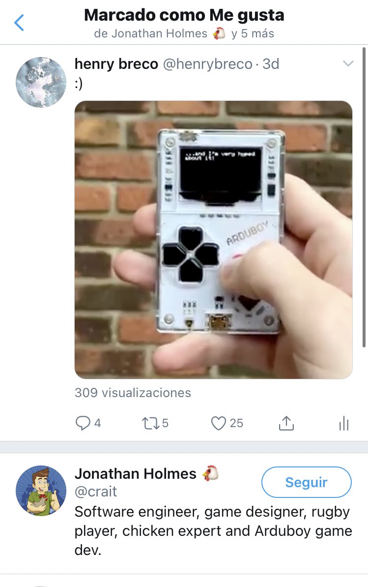 henrybreco's tweet photo. my arduboy tweet with the most basic hello world program got liked by one of the best game devs in that platform lol

thx @crait :D

and also thx for the love on that post! i enjoy this way to announce stuff :) https://t.co/NtDklyVDiu