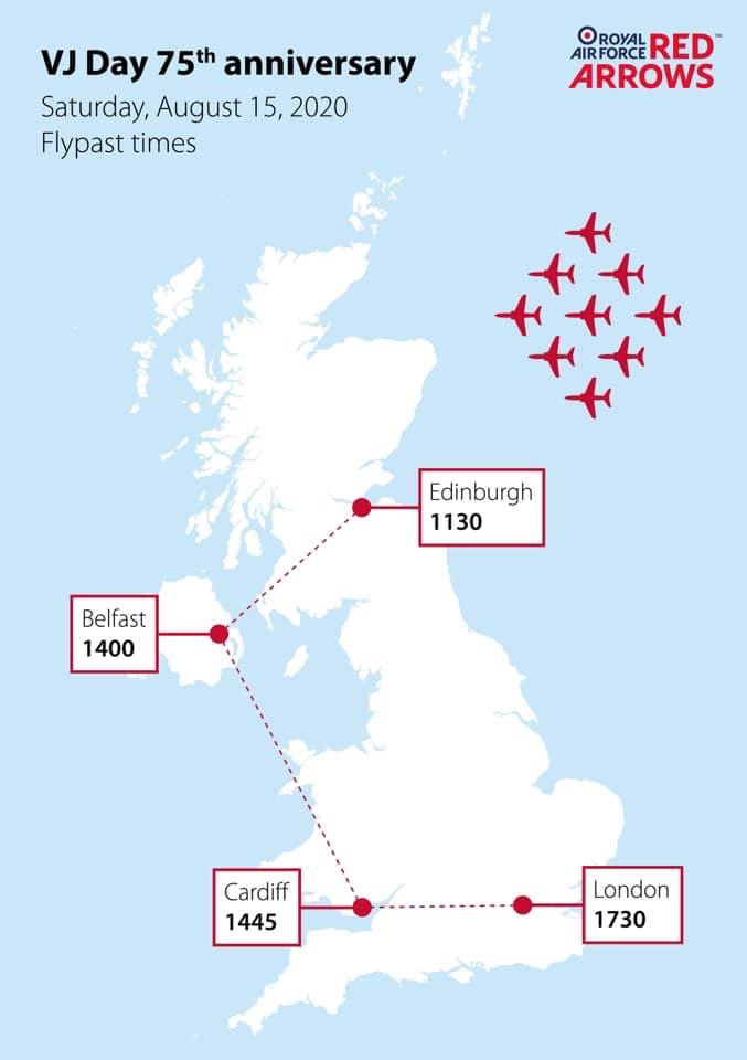 TorfaenRadio's tweet photo. For the first time in eight years, the #RedArrows will perform flypasts over #Edinburgh, #Belfast, #Cardiff and #London today to mark the 75th anniversary of VJ Day. @rafredarrows will be sharing images throughout the day. #VJDay75 #Neverforgotten https://t.co/XQfJR59pRx