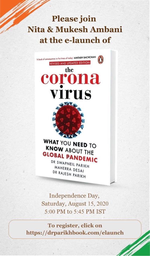 mileeashwarya's tweet photo. On the special occasion of #IndependenceDay I am delighted to share that Mrs Nita Ambani and Mr Mukesh Ambani will be releasing our book #TheCoronavirus by ⁦@swapneilparikh⁩ ⁦@maherradesai⁩ ⁦@drrajeshmparikh⁩ Join us by tuning in at 5pm  ⁦@PenguinIndia⁩ https://t.co/WO11JFU7Jh