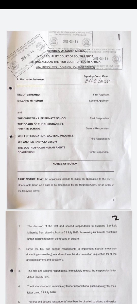 Eusebius's tweet photo. [ICYMI] The parents of the boy refused entry at Christian Life Private School for wearing isiphandla initiated court action demanding the school give them an unconditional public apology, get diversity training, have race and culture policies audited, pay 300K damages &amp; more 👇👇 https://t.co/PzMckGV5bE