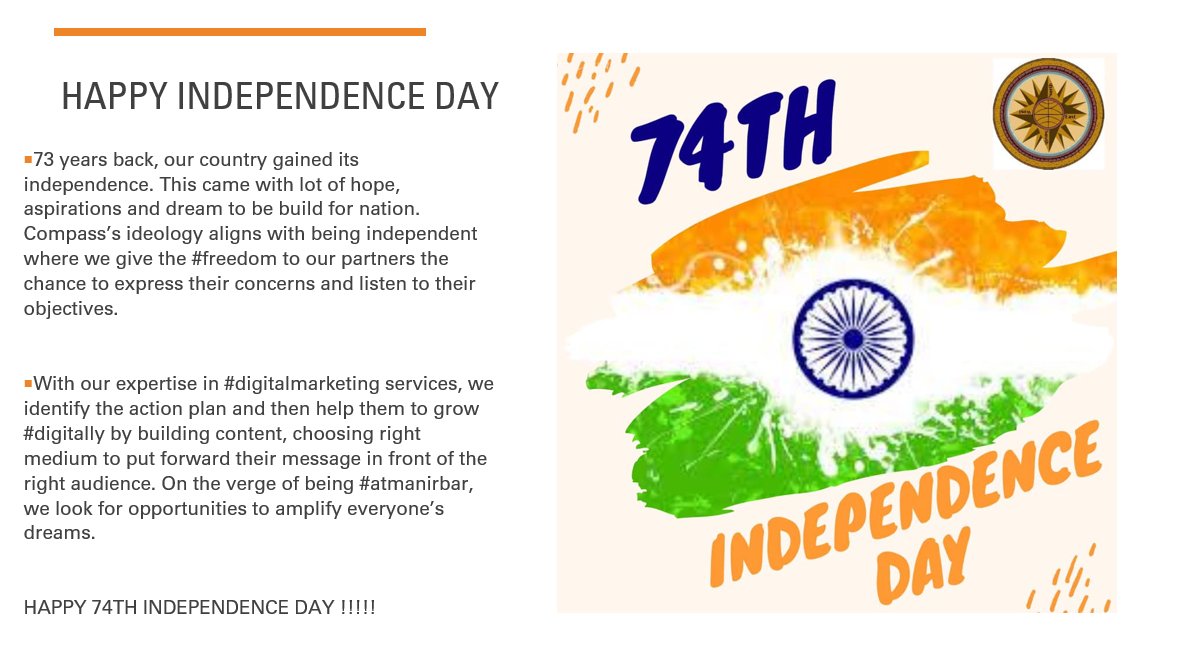 CompassMarketi5's tweet photo. Happy Independence Day from @CompassMarketi5 ๐ฎ๐ณ๐.
#JaiHind #JaiHindJaiBharat
#compassmarketing #JaiHind #JaiHindJaiBharat #BharatMataKiJai #AtmaNirbharBharat #marketingforthenow #DigitalIndia #DigitalMarketingServices #marketingagency https://t.co/zeRcSEFL8r