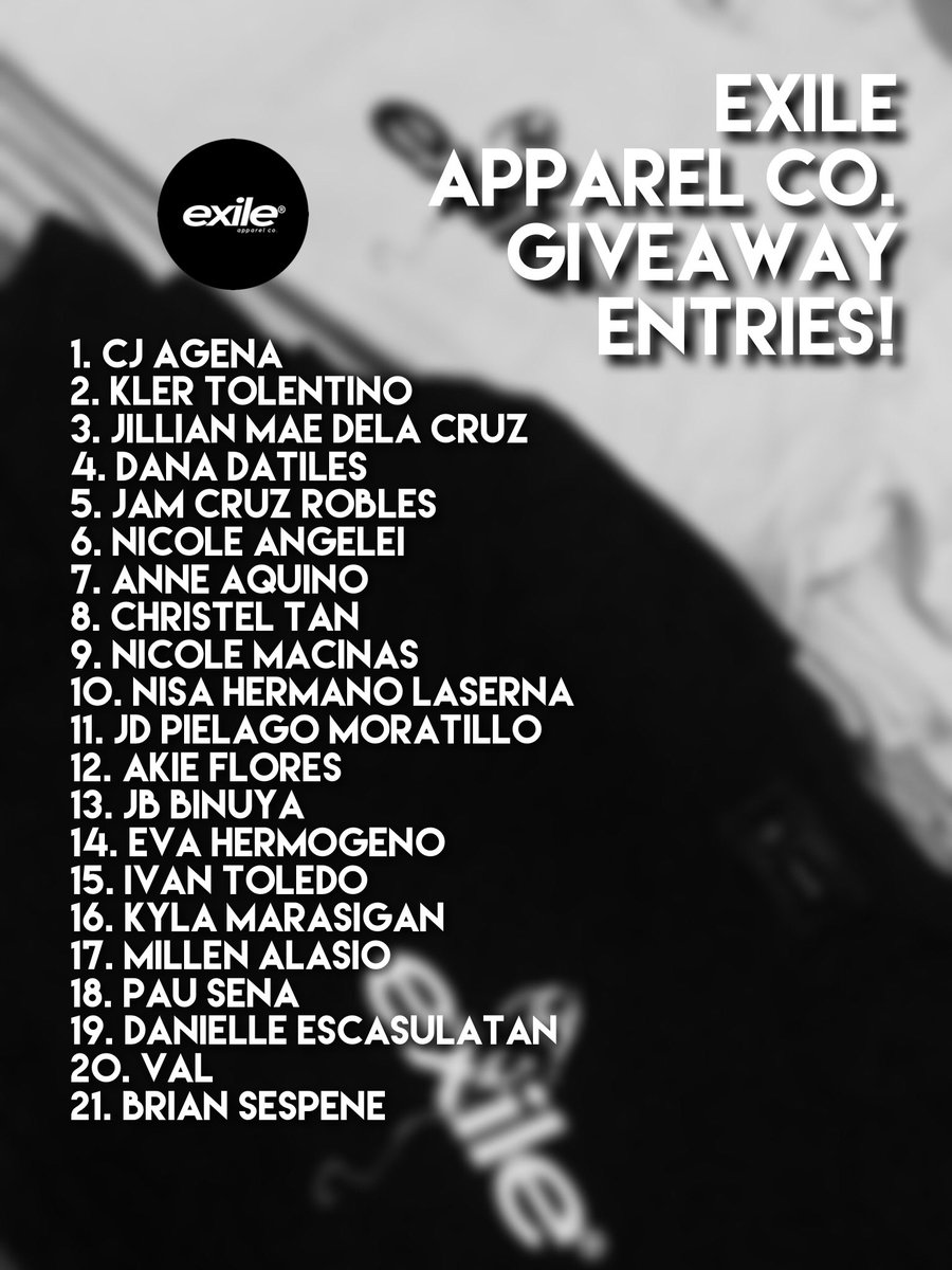 exileapparelco's tweet photo. Entries Confirmed! โช๏ธโซ๏ธ
Here are the entries that will be competing for our Astro Shirt Giveaway!
Remember your numbers! 2 Winners will be picked!
See you later on our Facebook live, 8pm!
#ExileApparelCoGiveaway #ExploringBoundaries https://t.co/N0FMJk2gnk