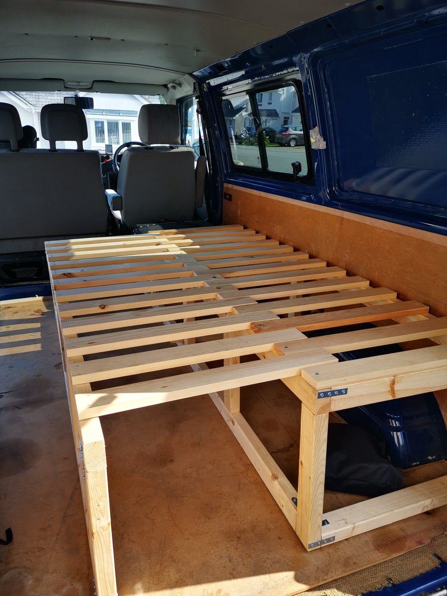 EvsNo8's tweet photo. Progress report on the #t4project, bed frame now complete and split charge system installed #vwt4 #workinprogress #vanlife #transporter https://t.co/emTCmOsSpa