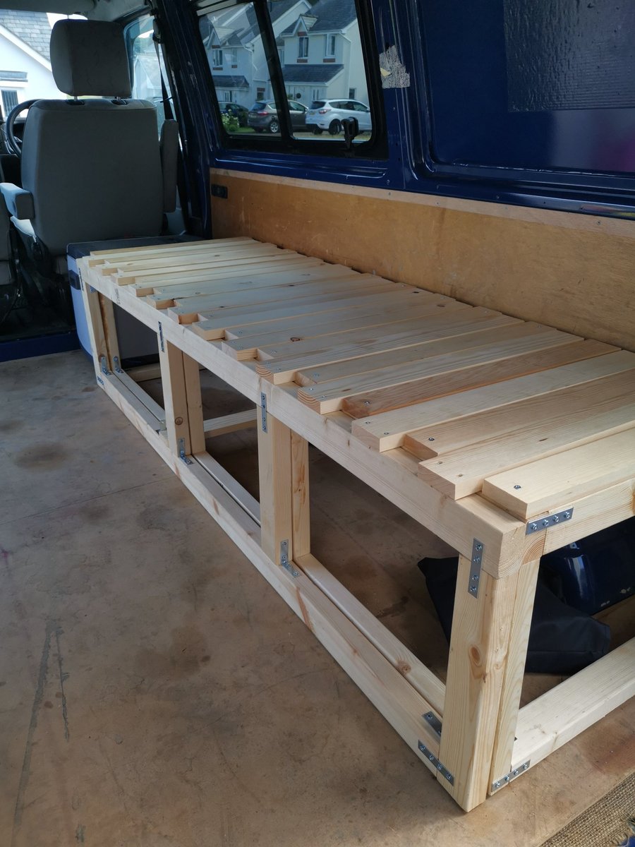 EvsNo8's tweet photo. Progress report on the #t4project, bed frame now complete and split charge system installed #vwt4 #workinprogress #vanlife #transporter https://t.co/emTCmOsSpa