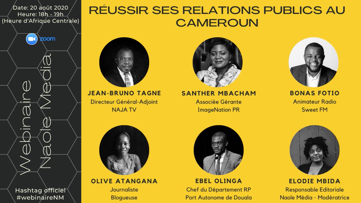BonasFotio's tweet photo. Hello ! Je prendrai la parole au webinaire de @NaoleMedia "Réussir ses Relations Publics au Cameroun", jeudi 20 août de 18h à 19h (heure d'Afrique Centrale).

Inscrivez-vous gratuitement sur Éventbrite: https://t.co/A0kwiBnXmK
#webinaireNM #RPauCameroun #NaoleMedia #TT237 #PR https://t.co/5SOjO2vw5J