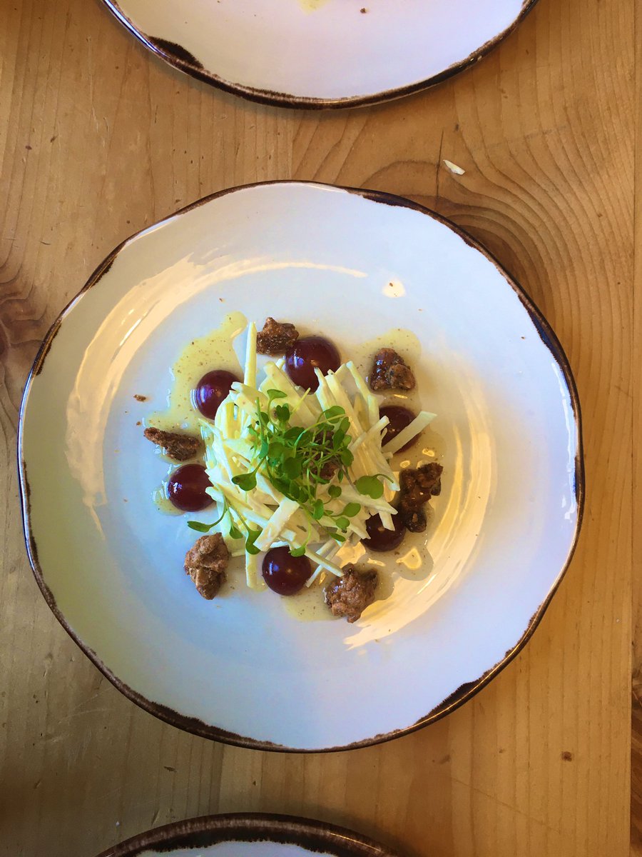 Celeriac, apple, pickled grape, candied walnuts, walnut oil #summerstarter #waldorf